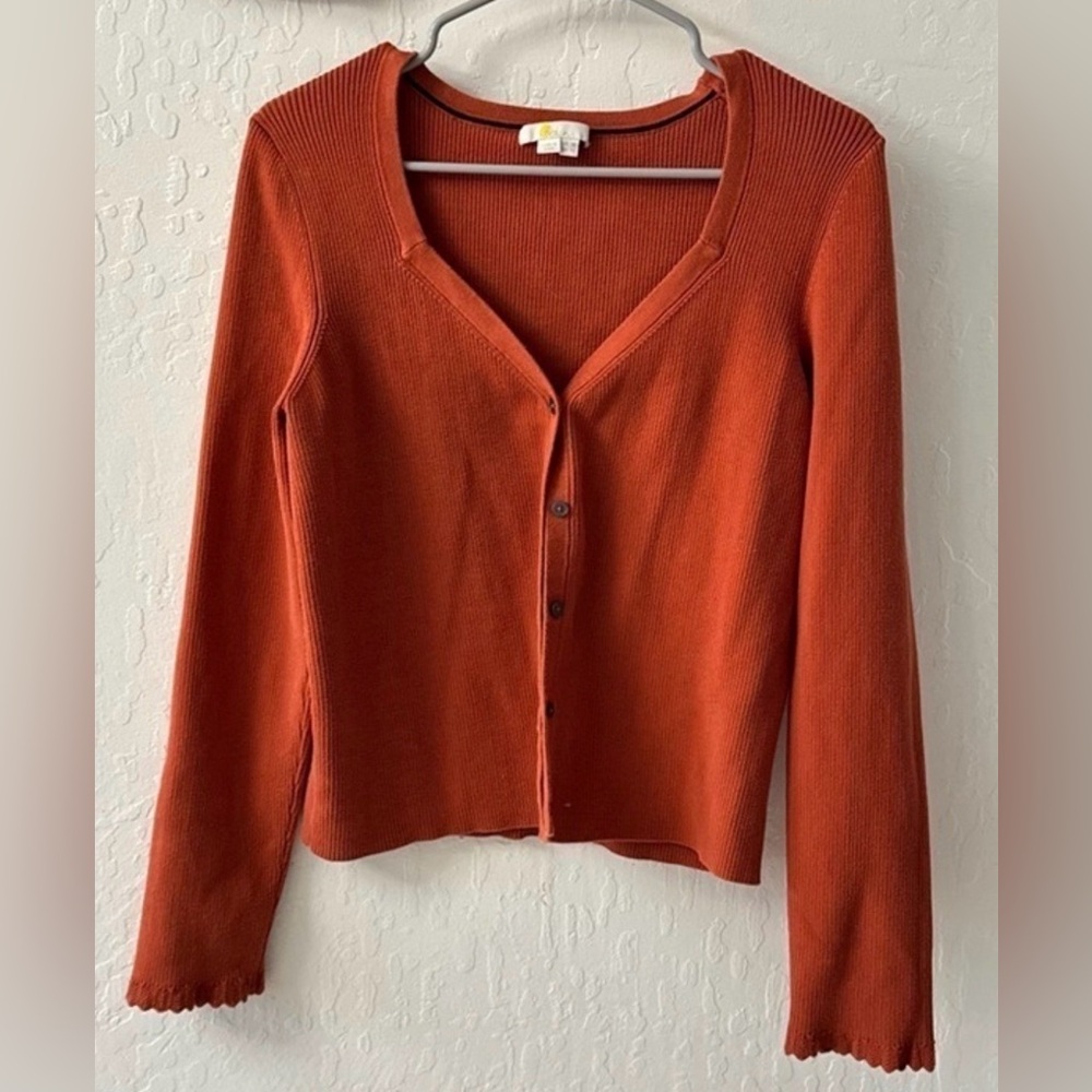 Boden Orange Ribbed Sweatheart Button Front Scallop Sleeve Cardigan Rust 14